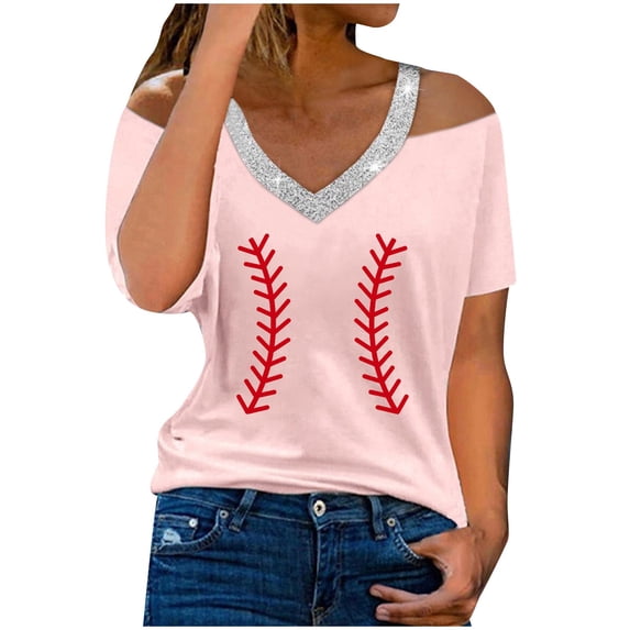 Wycnly Womens Blouses and Tops Dressy Beach Going out Plus Size Lightweight Comfy Cold Shoulder Tunic Shirts Summer Striped Print V-Neck Short Sleeve Cute Tees Tops Pink s