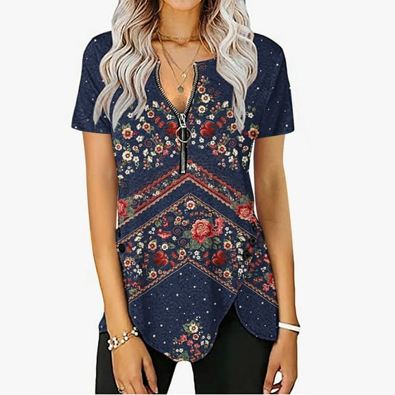 Wycnly Womens Blouses and Tops Dressy Comfy Breathable Plus Size Fashion Irregular Button Hem Zipper Tunic Shirts Summer Marbled Print V-Neck Short Sleeve Cute Tees Tops Navy XXXL