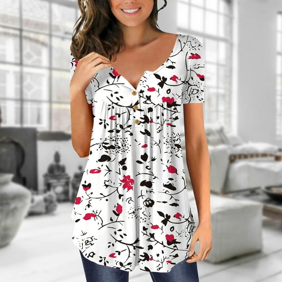 Wycnly Womens Blouses and Tops Dressy Comfy Lightweight Flowy Swing Button up Henley Shirts Pullover Tunic Summer Floral Print V-Neck Short Sleeve Cute Tees Tops White XL