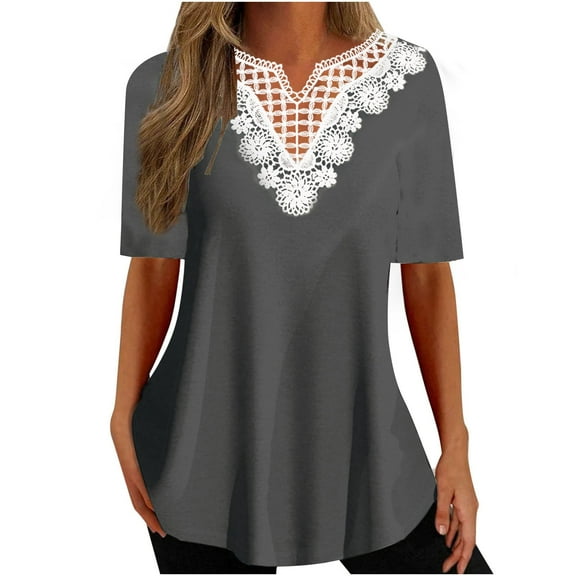 Wycnly Womens Blouses and Tops Dressy Elegant Lace Patchwork Lightweight Pullover Tunic Shirts Summer Solid V-Neck Short Sleeve Cute Tees Tops Gray XXL