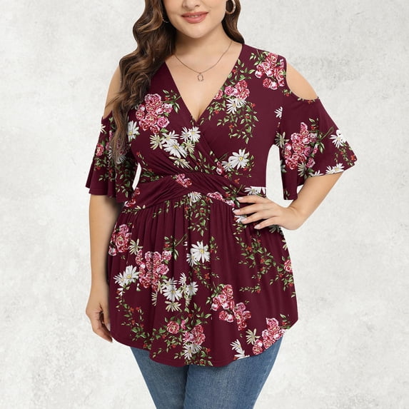 Wycnly Womens Blouses and Tops Dressy Empire Waist Plus Size Swing Cold Shoulder Tunic Shirts 2024 Summer V-Neck Short Sleeve Floral Print Casual Blouses Wine XXL