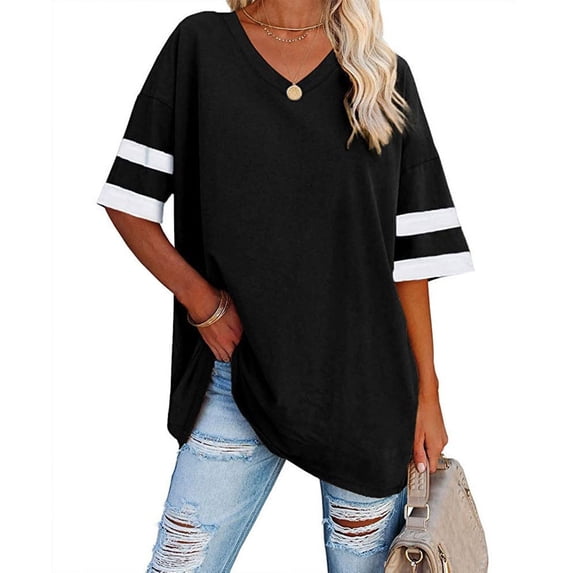 Wycnly Womens Blouses and Tops Dressy Fashion Button up Comfy Breathable Oversized Tshirts Summer Color Block V-Neck Short Sleeve Cute Tees Tops Black m