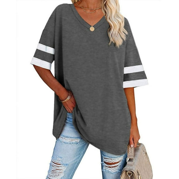 Wycnly Womens Blouses and Tops Dressy Fashion Button up Comfy Breathable Oversized Tshirts Summer Color Block V-Neck Short Sleeve Cute Tees Tops Dark Gray m