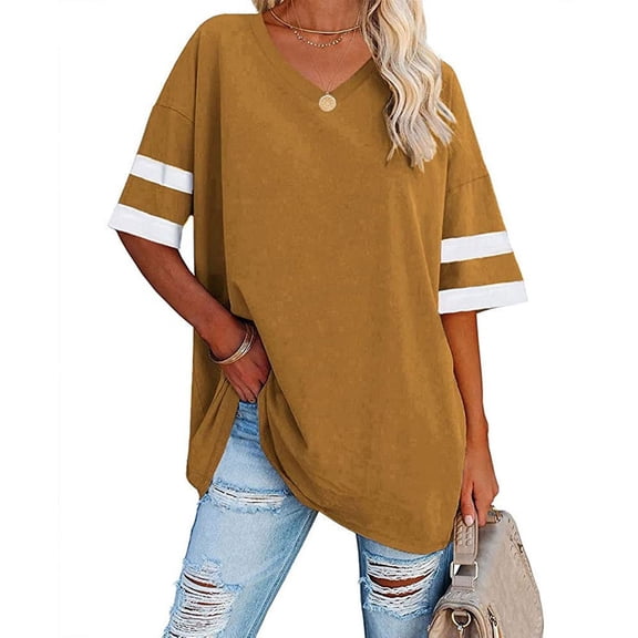 Wycnly Womens Blouses and Tops Dressy Fashion Button up Comfy Breathable Oversized Tshirts Summer Color Block V-Neck Short Sleeve Cute Tees Tops Khaki m