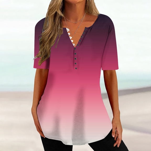 Wycnly Womens Blouses and Tops Dressy Fashion Button up Lightweight Plus Size Pullover Tunic Shirts Summer Gradient Print V-Neck Short Sleeve Cute Tees Tops Hot Pink XXL