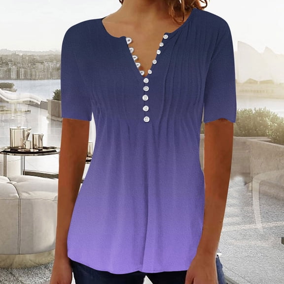 Wycnly Womens Blouses and Tops Dressy Fashion Plus Size Button up Lightweight Comfy Pleated Pullover Tunic Shirts Summer Gradient Print V-Neck Short Sleeve Cute Tees Tops Purple XXXXXL