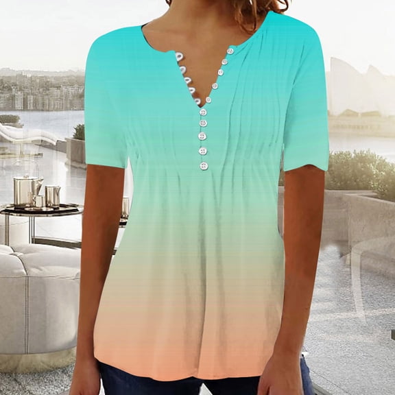 Wycnly Womens Blouses and Tops Dressy Fashion Plus Size Button up Lightweight Comfy Pleated Pullover Tunic Shirts Summer Gradient Print V-Neck Short Sleeve Cute Tees Tops Sky Blue XXXXXL