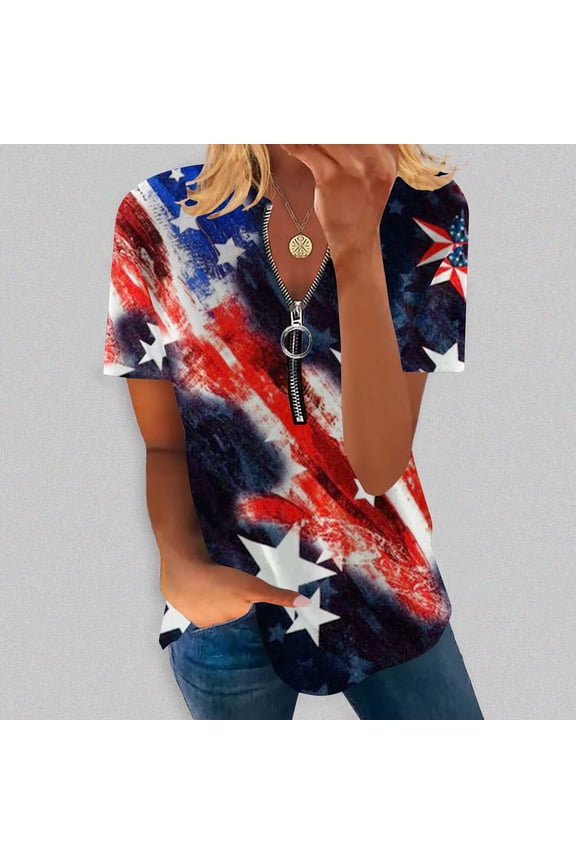 Womens Blouses and Tops Dressy Fashion Quarter Zip 4th of July Patriotic Pullover Shirts 2025 Summer V-Neck Short Sleeve Star Print Casual Blouses Dark Blue XXL