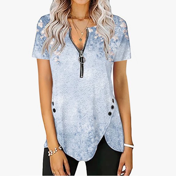 Wycnly Womens Blouses and Tops Dressy Fashion Zipper Side Button Slit Irregular Hem Tunic Shirts Summer Floral Print V-Neck Short Sleeve Cute Tees Tops Light Blue m