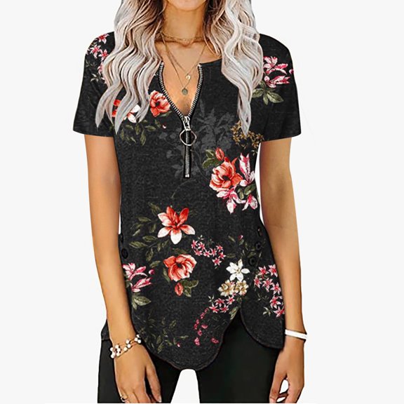 Wycnly Womens Blouses and Tops Dressy Fashion Zipper Side Button Slit Irregular Hem Tunic Shirts Summer Floral Print V-Neck Short Sleeve Cute Tees Tops Black l