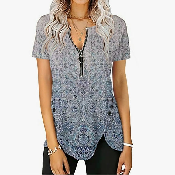 Wycnly Womens Blouses and Tops Dressy Fashion Zipper Side Button Slit Irregular Hem Tunic Shirts Summer Floral Print V-Neck Short Sleeve Cute Tees Tops White XXXL