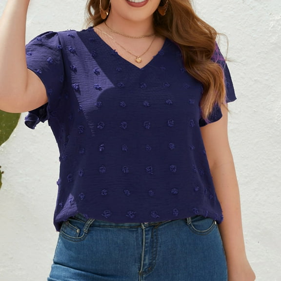 Wycnly Womens Blouses and Tops Dressy Going out Casual Lightweight Chiffon Jacquard Plus Size Tunic Shirts Summer Solid V-Neck Short Sleeve Cute Tees Tops Blue XXL