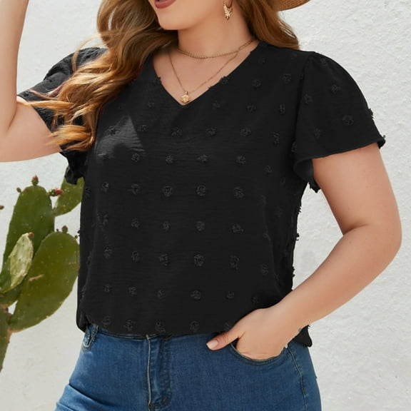 Wycnly Womens Blouses and Tops Dressy Going out Casual Lightweight Chiffon Jacquard Plus Size Tunic Shirts Summer Solid V-Neck Short Sleeve Cute Tees Tops Black XXXL