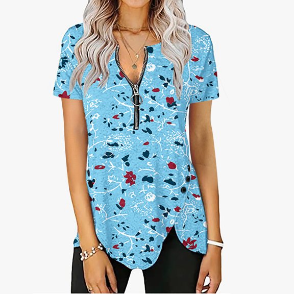 Wycnly Womens Blouses and Tops Dressy Going out Casual Quarter Zipper Irregular Hem Tunic Shirts Summer Floral V-Neck Short Sleeve Cute Tees Tops Sky Blue s