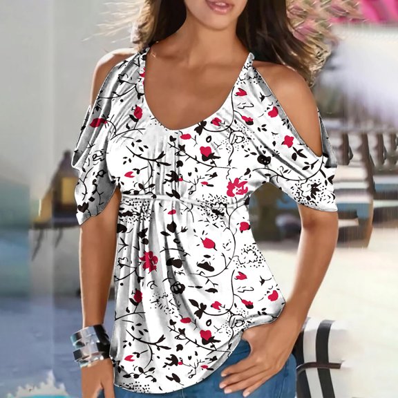 Wycnly Womens Blouses and Tops Dressy Going out Fashion Cold Shoulder Elastic Waist Swing Plus Size Tunic Shirts Summer Floral Print V-Neck Short Sleeve Cute Tees Tops White XL