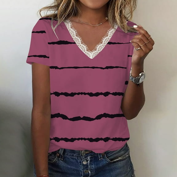 Wycnly Womens Blouses and Tops Dressy Going out Sexy Lace Trim Plus Size Loose Lightweight Pullover Tshirts Summer Striped Print V-Neck Short Sleeve Cute Tees Tops Red s