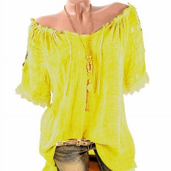 Wycnly Womens Blouses and Tops Dressy Plus Size Casual Lace Trim off Shoulder Soft Cotton Linen Baggy Tshirts Summer Solid V-Neck Short Sleeve Cute Tees Tops Yellow XL