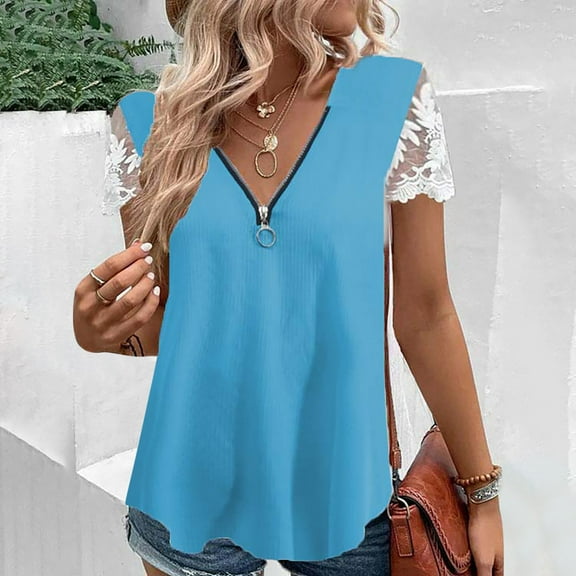 Wycnly Womens Blouses and Tops Dressy Sexy Lace Patchwork Sleeve Lightweight Quarter Zipper Tunic Shirts Summer Solid V-Neck Short Sleeve Cute Tees Tops Sky Blue m