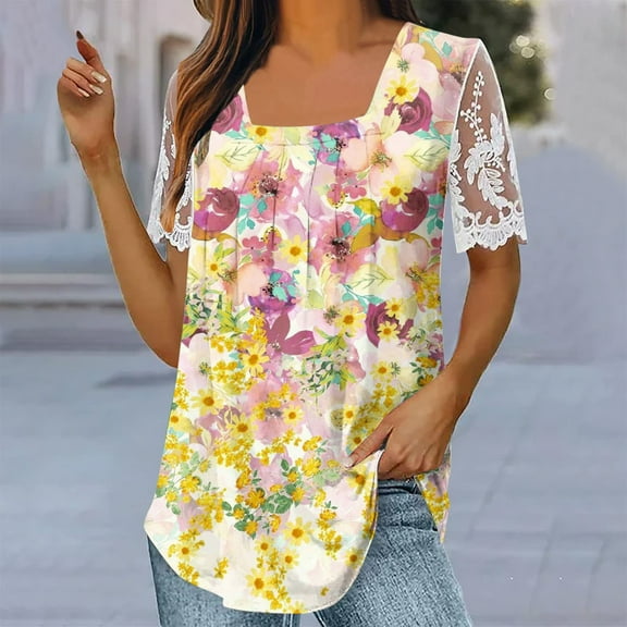 Wycnly Womens Blouses and Tops Dressy Sexy Lace Patchwork Sleeve Loose Flowy Pleated Swing Shirts Summer Floral Print Square Neck Short Sleeve Cute Tees Tops Yellow s