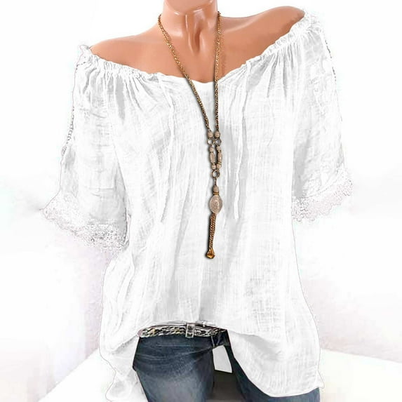 Wycnly Womens Blouses and Tops Dressy Sexy off Shoulder Lace Trim Plus Size Baggy Comfy Cotton Linen Shirts Summer Solid V-Neck Short Sleeve Cute Tees Tops White l
