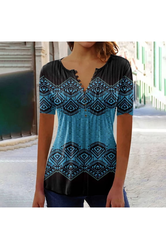 Womens Blouses and Tops Dressy Single Breasted Smocked Lightweight Swing Hem Tunic Shirts 2024 Summer V-Neck Short Sleeve Floral Casual Blouses Blue s