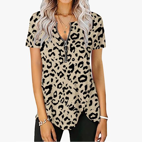 Wycnly Womens Blouses and Tops Dressy Vintage Leopard Button Side Slit Irregular Hem Tunic Shirts Summer Striped Print V-Neck Short Sleeve Cute Tees Tops Brown XXXXXL