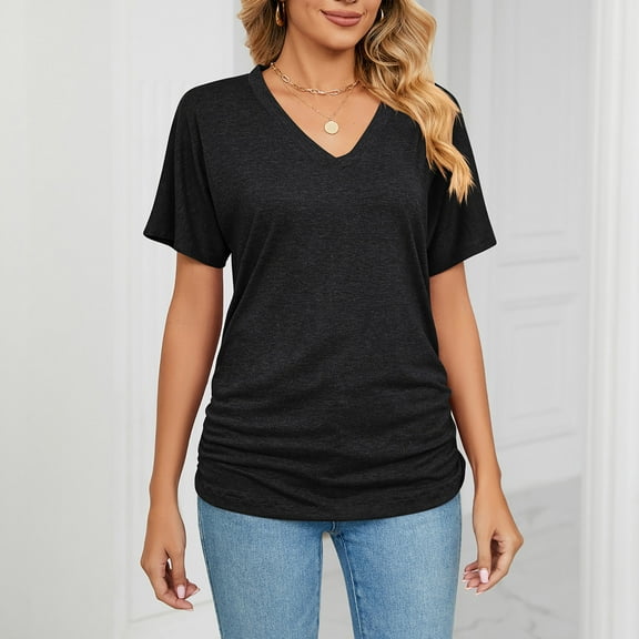 Wycnly Womens Blouses and Tops Dressy Breathable Comfy Casual Loose Basic Workout Tshirts Summer Solid V-Neck Short Sleeve Cute Tees Tops Black XXL