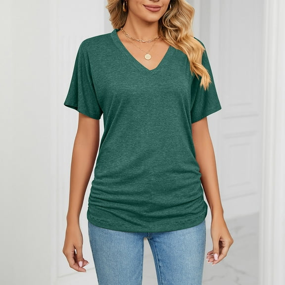 Wycnly Womens Blouses and Tops Dressy Breathable Comfy Casual Loose Basic Workout Tshirts Summer Solid V-Neck Short Sleeve Cute Tees Tops Green XL