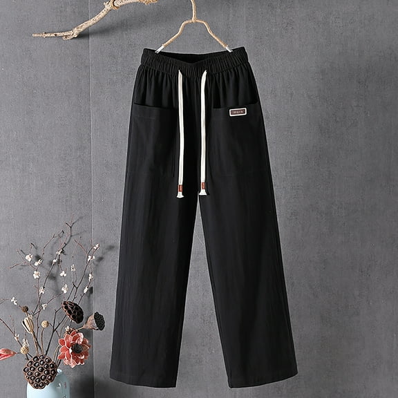 Wycnly Womens Cargo Pants Elastic Waist Long Pants for Women Fall Lightweight Cotton Linen Plus Size Pants Casual Solid Drawstring Straight Leg Pocket Pants Trousers Fall