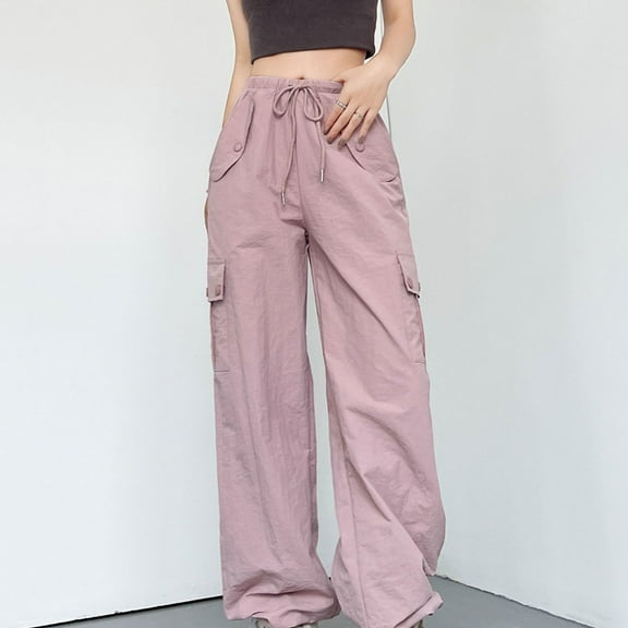 Wycnly Womens Cargo Pants Womens Dress Pants Fashion Drawstring Elastic Waist Straight Leg Cargo Pants Casual Solid Loose Ladies Long Pants Trousers with Pocket Fall