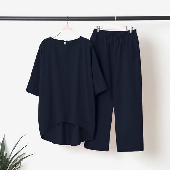 Wycnly Womens Casual 2 Piece Outfits Fall Cotton Linen Two Piece Lounge Set Solid Plus Size Short Sleeve Pullover and Elastic Waist Long Pants Sets under $5
