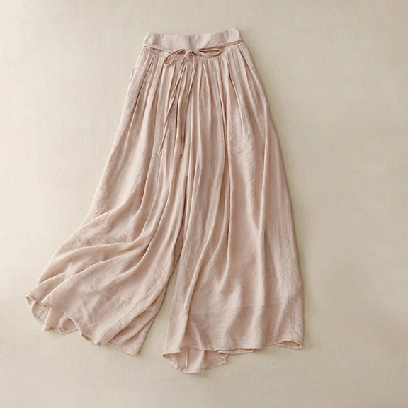 Wycnly Womens Cropped Pants Wide Leg Pants for Women Casual Solid Loose Comfy Cotton Linen Cropped Pants High Waist Drawstring Pleated Ladies Palazzo Trousers Fall