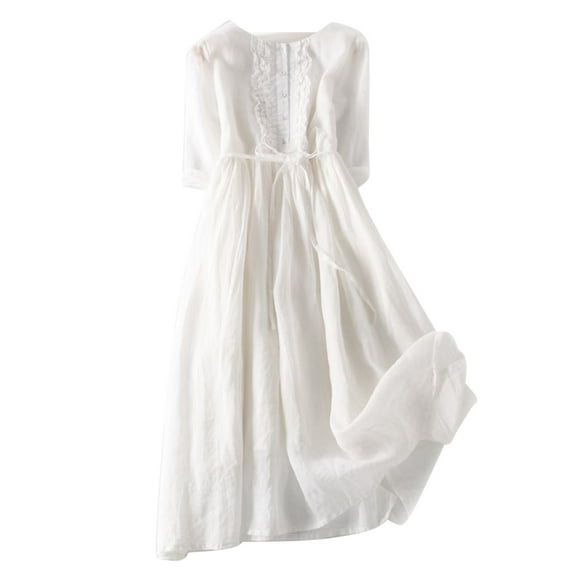 Wycnly Womens Dresses 3/4 Sleeve Crewneck Solid Casaul Long Summer Dress Tie Waist Ruffle Trim Beach Cotton Linen Dresses White L Clothes