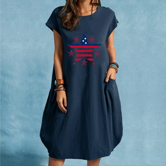 Wycnly Womens Dresses for 4th of July Cotton Linen Loose Pocket Patriotic Independence Day Midi Dresses Short Sleeve Crewneck American Star Flag Print Knee-Length 2025 Summer Casual Dress Navy l