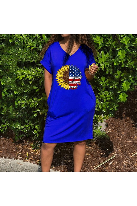 Womens Dresses for 4th of July Independence Day Fashion Patriotic Graphics Pocket Tunic Midi Dresses Short Sleeve V-Neck Sunflower USA Flag Print Knee-Length 2024 Summer Casual Dress Blue xxl