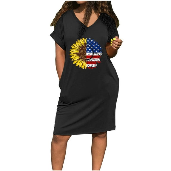Wycnly Womens Dresses 4th July Independence Day Loose Pocket Tunic Dresses Casual Sunflower US Flag Print V-Neck Short Sleeve Midi Summer Dress Black xxl Clearance Under $5