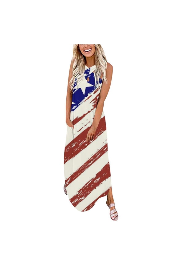 Womens Dresses for 4th of July Plus Size Keyhole Pocket Independence Day Tank Long Dresses Sleeveless Halter USA Flag Print Maxi 2025 Summer Casual Dress Beige m