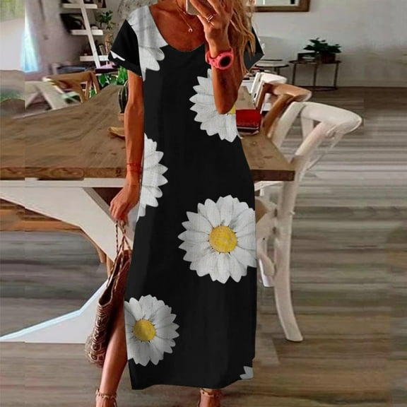 Wycnly Womens Dresses Beach Boho Casual Side Slit Loose Tshirt Long Sundress Fashion Daisy Print V-Neck Short Sleeve Maxi Summer Dress Black m