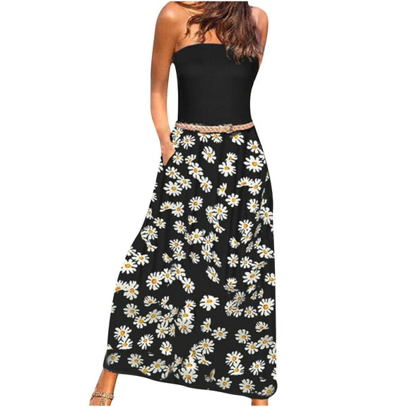 Wycnly Womens Dresses Beach Boho Elastic Waist Strapless Maxi Sundress with Pocket Fashion Striped Print Tube Top Sleeveless Long Summer Dress Yellow XXL