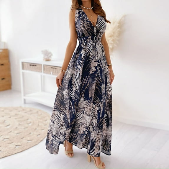 Wycnly Womens Dresses Beach Boho High Waist Flowy Swing Long Sundress with Tie Fashion Leaves Print V-Neck Sleeveless Maxi Summer Dress Blue l
