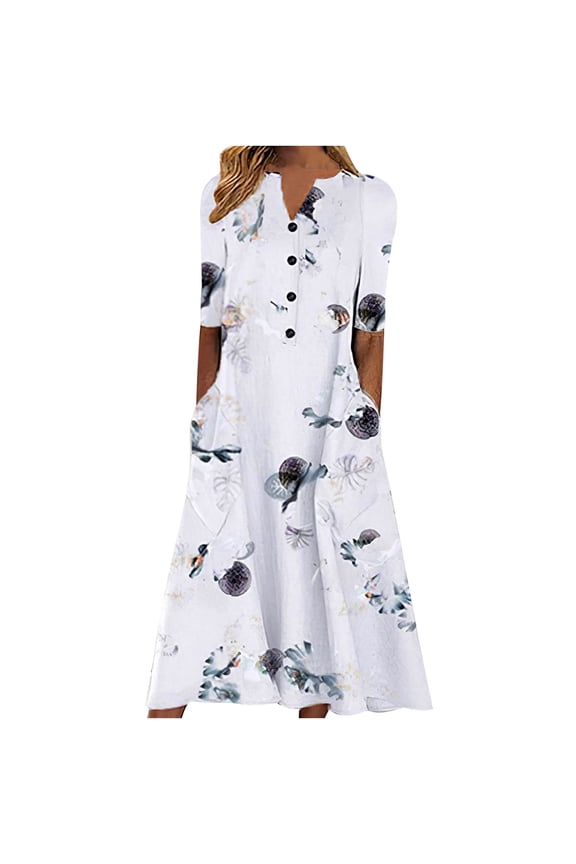 Womens Dresses Beach Button Loose Pocket Casual Swing Tunic Long Dresses Butterfly Print V-Neck Elbow-Length Long Summer Dress White m