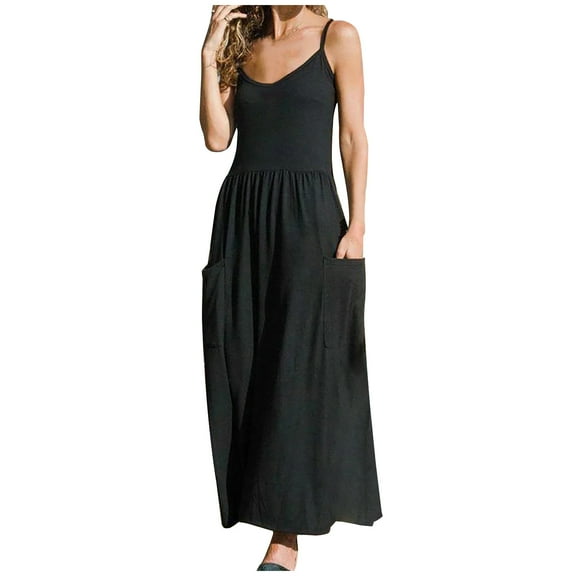 Wycnly Womens Dresses Beach Casual Loose Hem Pocket Spaghetti Strap Long Dresses Sleeveless Crewneck Solid Maxi Summer Dress Black S Clothes