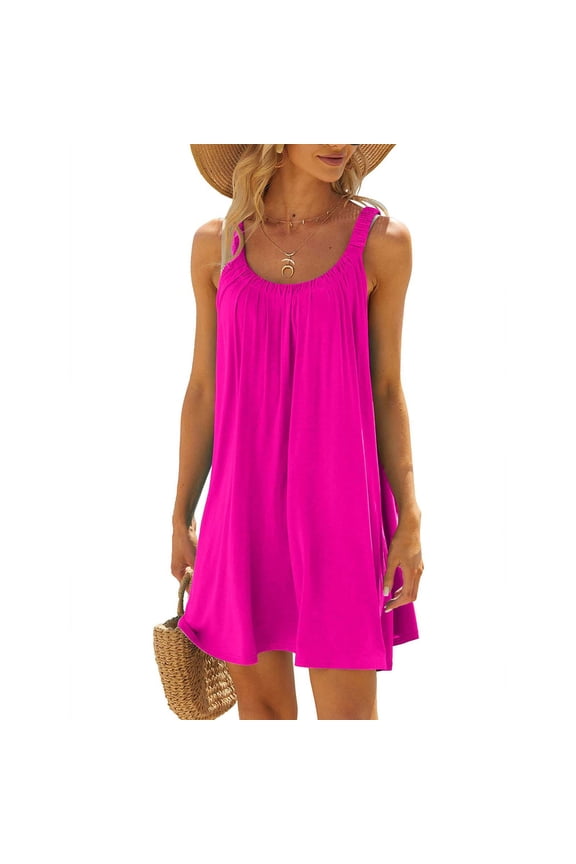Womens Dresses Beach Casual Loose Swing Tank Mini Sun Dresses Sleeveless Round Neck Solid Short Summer Dress Hot Pink XXL Clothes