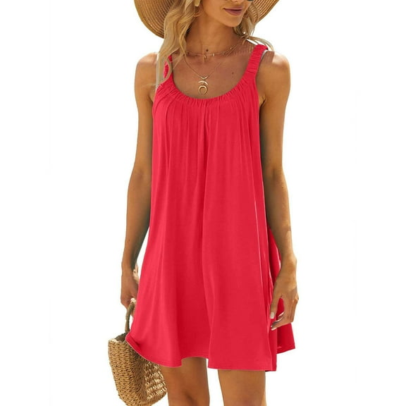 Wycnly Womens Dresses Beach Casual Loose Swing Tank Mini Sun Dresses Sleeveless Round Neck Solid Short Summer Dress Red M Clothes