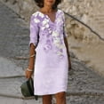 thumbnail image 1 of Wycnly Womens Dresses Beach Comfy Breathable Cotton Linen Loose Tunic Midi Sundress Summer Floral Print V-Neck Elbow-Length Formal Knee-Length Dress Purple XL, 1 of 5