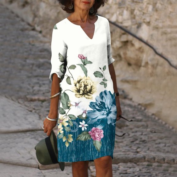 Wycnly Womens Dresses Beach Comfy Breathable Cotton Linen Loose Tunic Midi Sundress Summer Floral Print V-Neck Elbow-Length Formal Knee-Length Dress Navy XXL