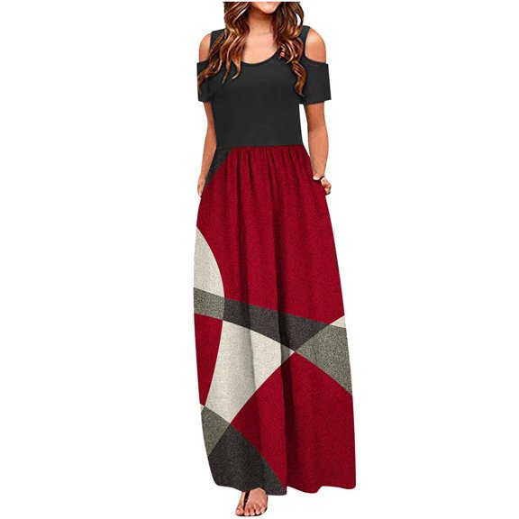 Wycnly Womens Dresses Beach Empire Waist Swing Pocket Cold Shoulder Dresses Short Sleeve Crewneck Floral Maxi Summer Dress Red XL Up to 65% off