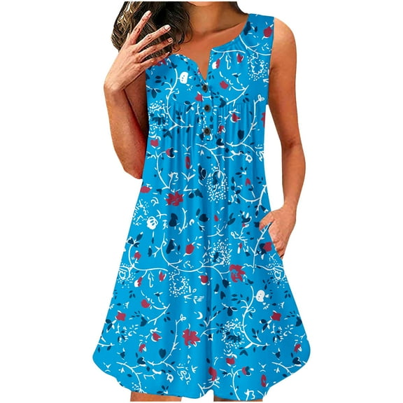 Wycnly Womens Dresses Beach Fashion Button up Plus Size Flowy Pleated Swing Tunic Tank Mini Sundress Summer Floral Print V-Neck Sleeveless Formal Short Dress Blue XL