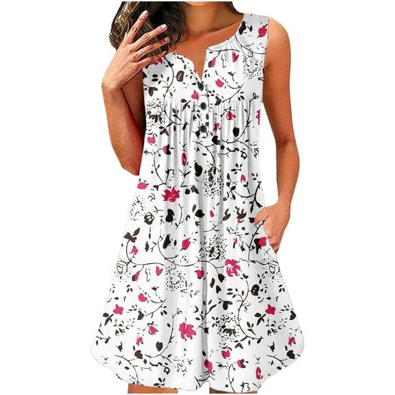 Wycnly Womens Dresses Beach Fashion Button up Plus Size Flowy Pleated Swing Tunic Tank Mini Sundress Summer Floral Print V-Neck Sleeveless Formal Short Dress White XXL