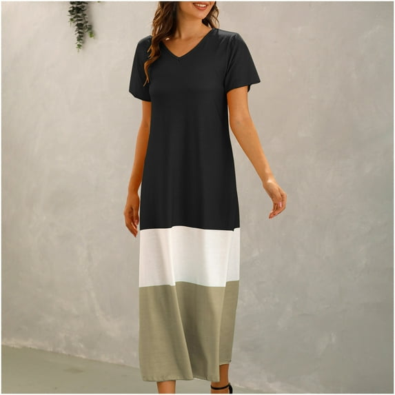 Wycnly Womens Dresses Beach Fashion Loose Lightweight Tshirt Long Sundress Fashion Color Patchwork V-Neck Short Sleeve Maxi Summer Dress Black s